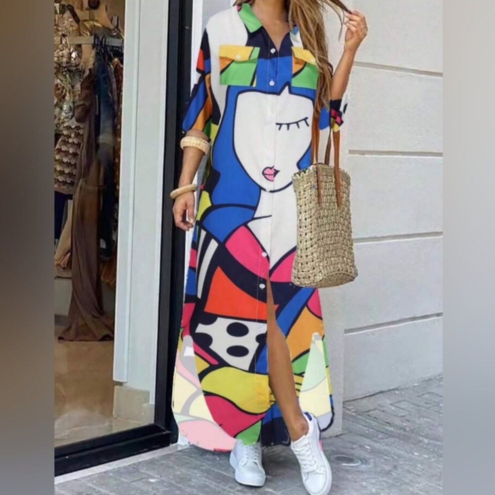 Women faces collage printed multicolor buttoned maxi dress